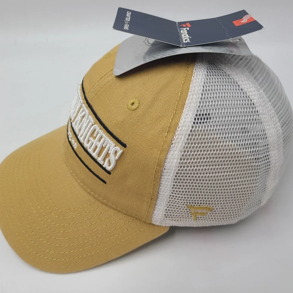 Vegas Golden Knights Hat Snapback Trucker Mesh Fanatics Gold White NHL Split Bar